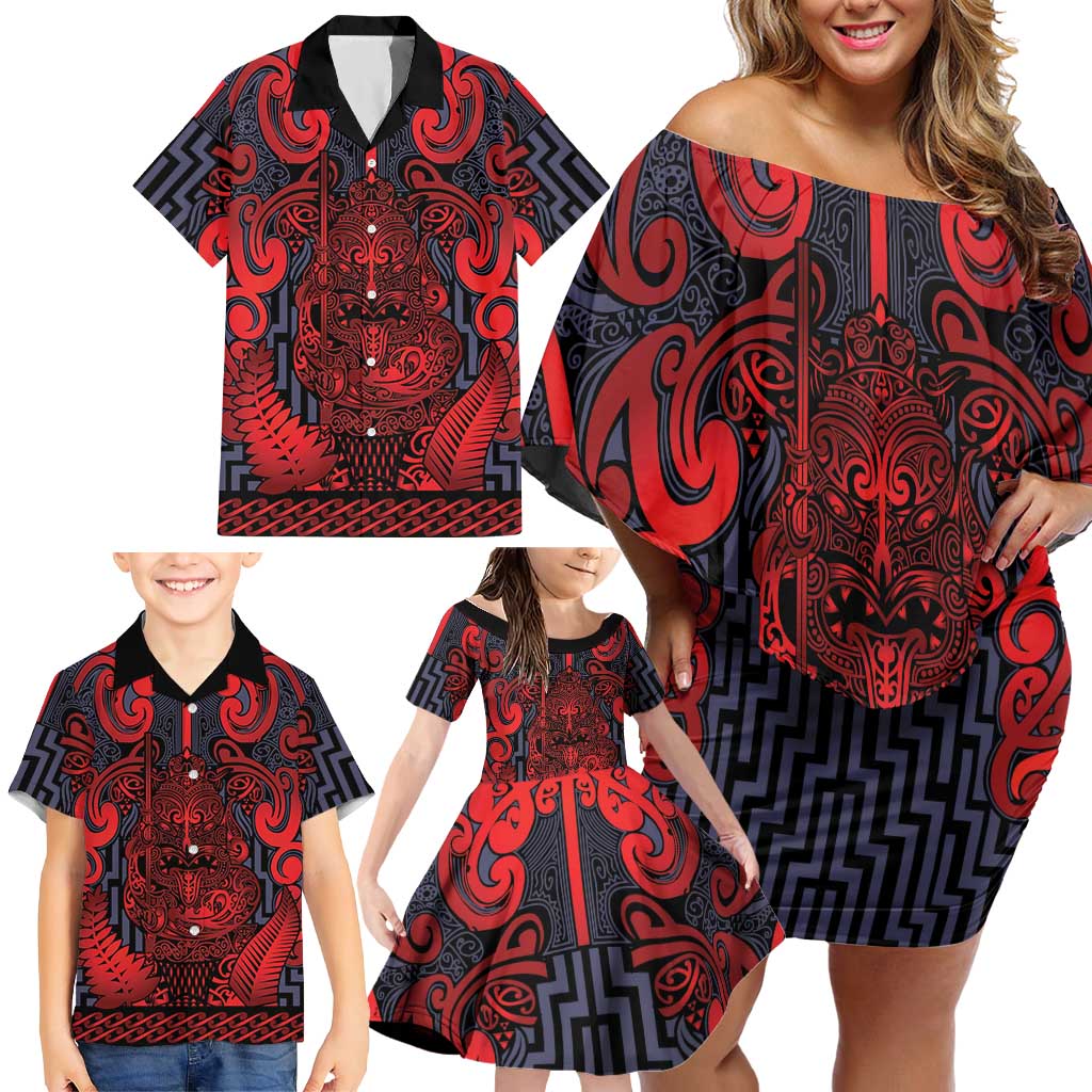 Custom New Zealand Taiaha Maori Family Matching Off Shoulder Short Dress and Hawaiian Shirt Whero Minimalist Silver Fern Tukutuku Motif LT9 - Polynesian Pride