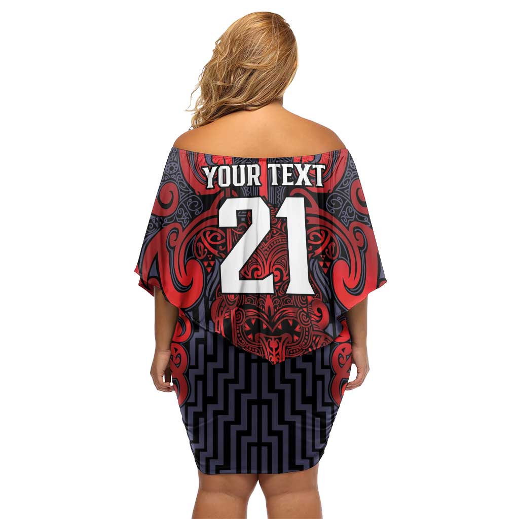 Custom New Zealand Taiaha Maori Family Matching Off Shoulder Short Dress and Hawaiian Shirt Whero Minimalist Silver Fern Tukutuku Motif LT9 - Polynesian Pride