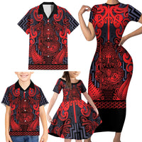 Custom New Zealand Taiaha Maori Family Matching Short Sleeve Bodycon Dress and Hawaiian Shirt Whero Minimalist Silver Fern Tukutuku Motif LT9 - Polynesian Pride