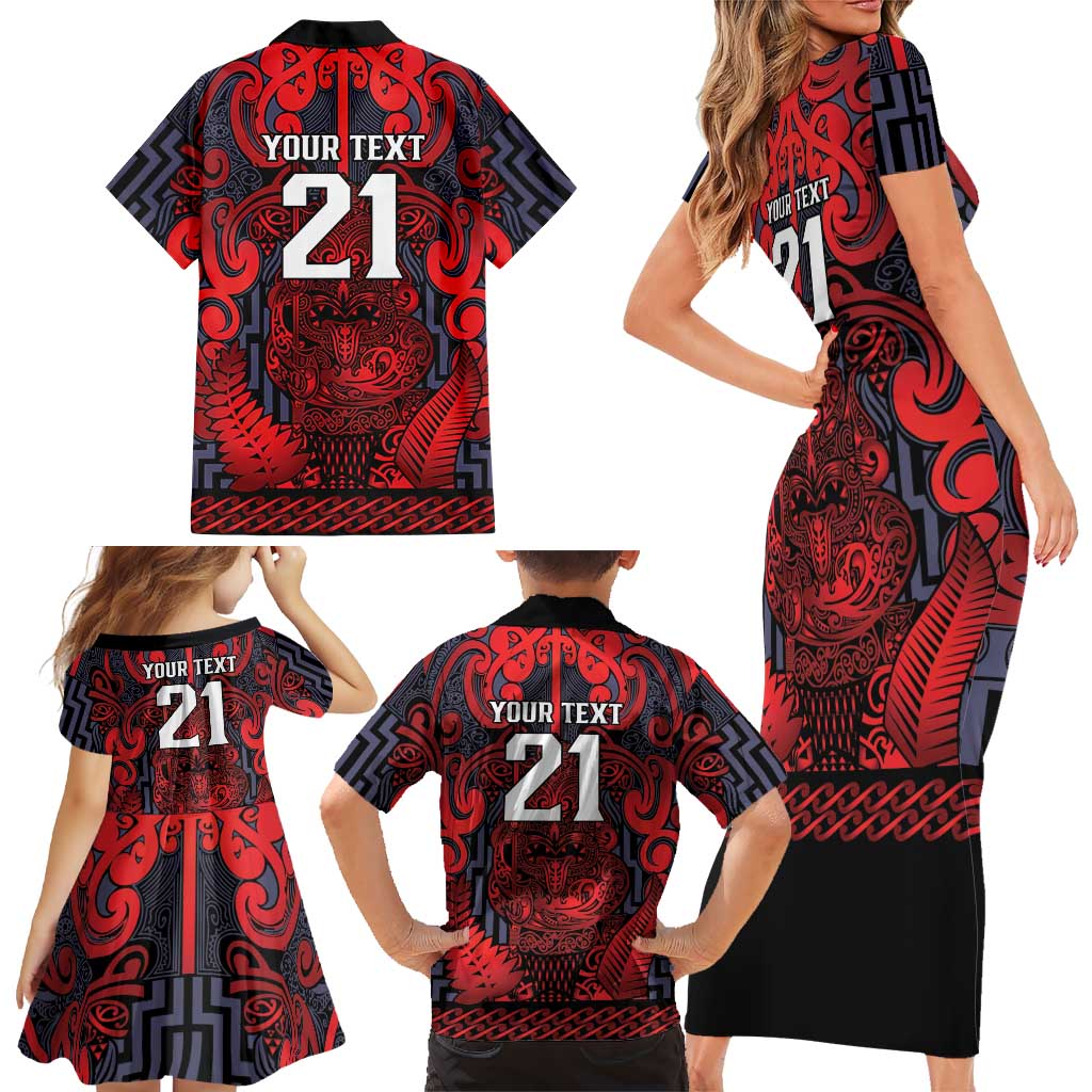 Custom New Zealand Taiaha Maori Family Matching Short Sleeve Bodycon Dress and Hawaiian Shirt Whero Minimalist Silver Fern Tukutuku Motif LT9 - Polynesian Pride