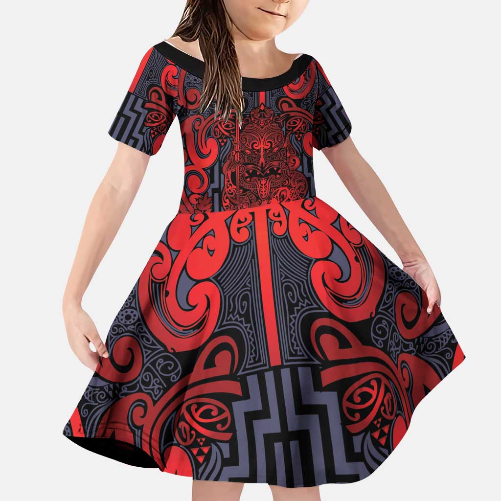 Custom New Zealand Taiaha Maori Family Matching Summer Maxi Dress and Hawaiian Shirt Whero Minimalist Silver Fern Tukutuku Motif LT9 Daughter's Dress Red - Polynesian Pride