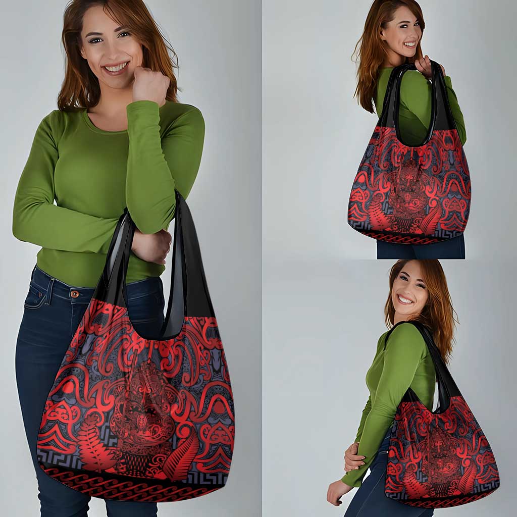 New Zealand Taiaha Maori Grocery Bag Whero Minimalist Silver Fern Tukutuku Motif LT9 - Polynesian Pride