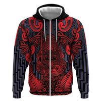 Custom New Zealand Taiaha Maori Hoodie Whero Minimalist Silver Fern Tukutuku Motif LT9 Zip Hoodie Red - Polynesian Pride