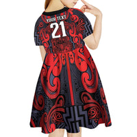 Custom New Zealand Taiaha Maori Kid Short Sleeve Dress Whero Minimalist Silver Fern Tukutuku Motif LT9 - Polynesian Pride