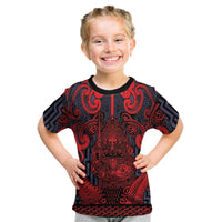 Custom New Zealand Taiaha Maori Kid T Shirt Whero Minimalist Silver Fern Tukutuku Motif LT9 Red - Polynesian Pride