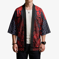 Custom New Zealand Taiaha Maori Kimono Whero Minimalist Silver Fern Tukutuku Motif LT9 - Polynesian Pride