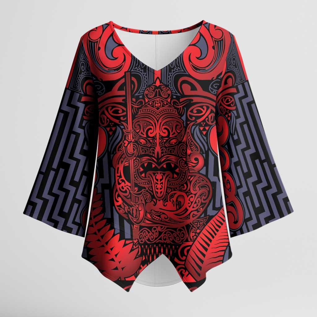 Custom New Zealand Taiaha Maori Kimono Sleeve Blouse Whero Minimalist Silver Fern Tukutuku Motif