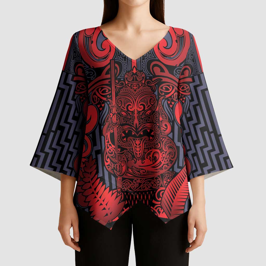 Custom New Zealand Taiaha Maori Kimono Sleeve Blouse Whero Minimalist Silver Fern Tukutuku Motif LT9 - Polynesian Pride
