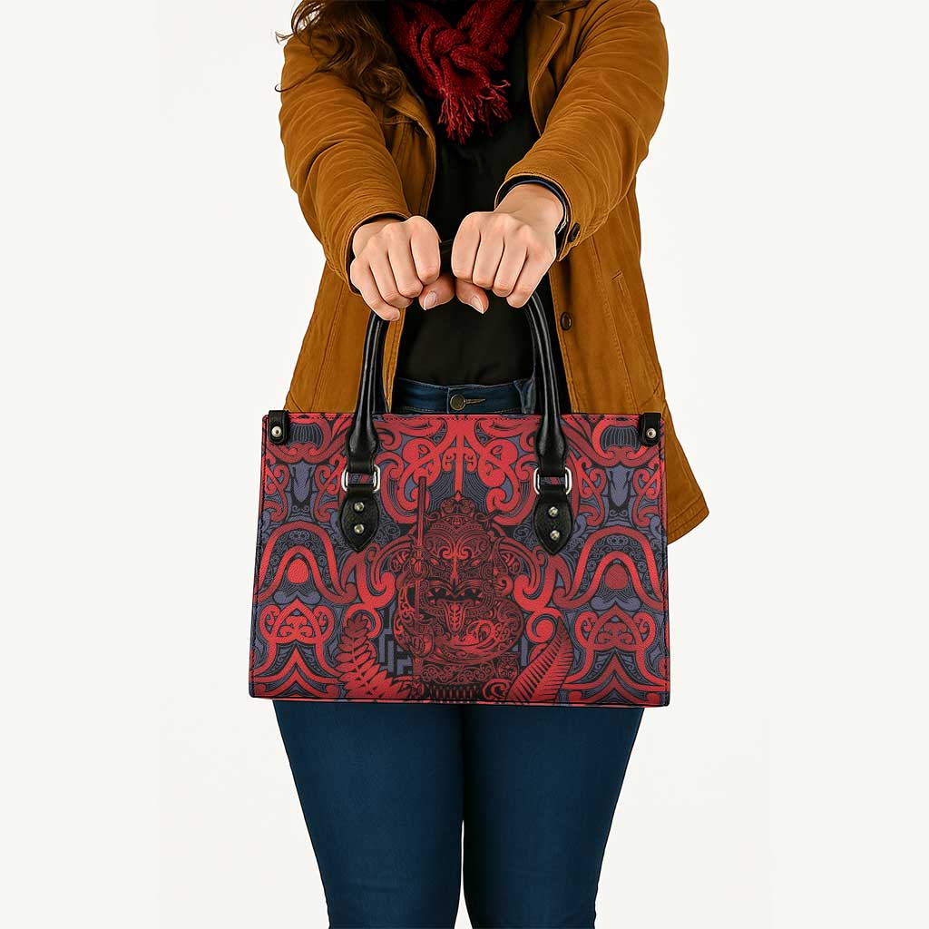 New Zealand Taiaha Maori Leather Bag Whero Minimalist Silver Fern Tukutuku Motif LT9 - Polynesian Pride