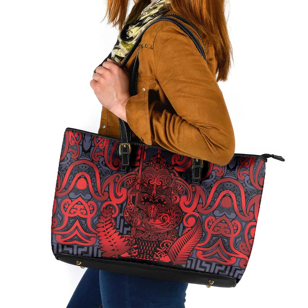New Zealand Taiaha Maori Leather Tote Bag Whero Minimalist Silver Fern Tukutuku Motif LT9 Red - Polynesian Pride