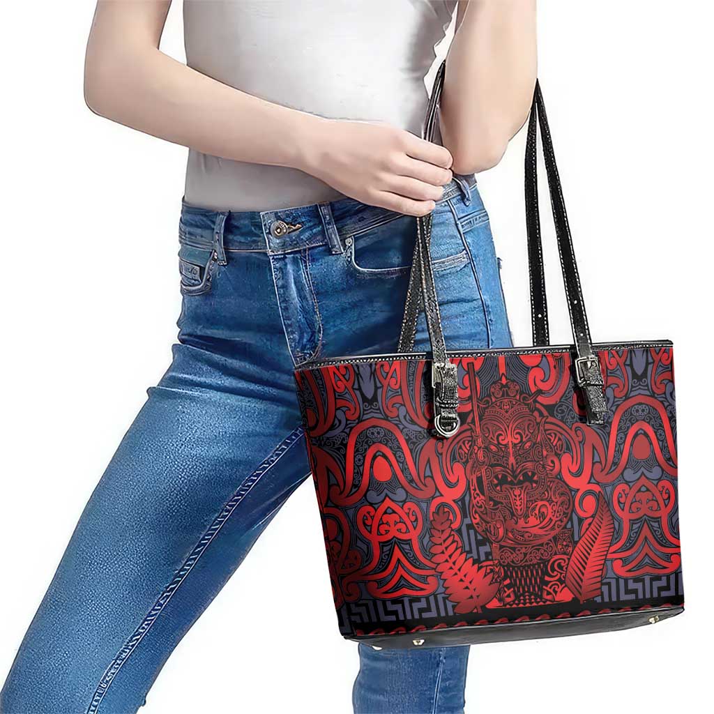 New Zealand Taiaha Maori Leather Tote Bag Whero Minimalist Silver Fern Tukutuku Motif LT9 - Polynesian Pride