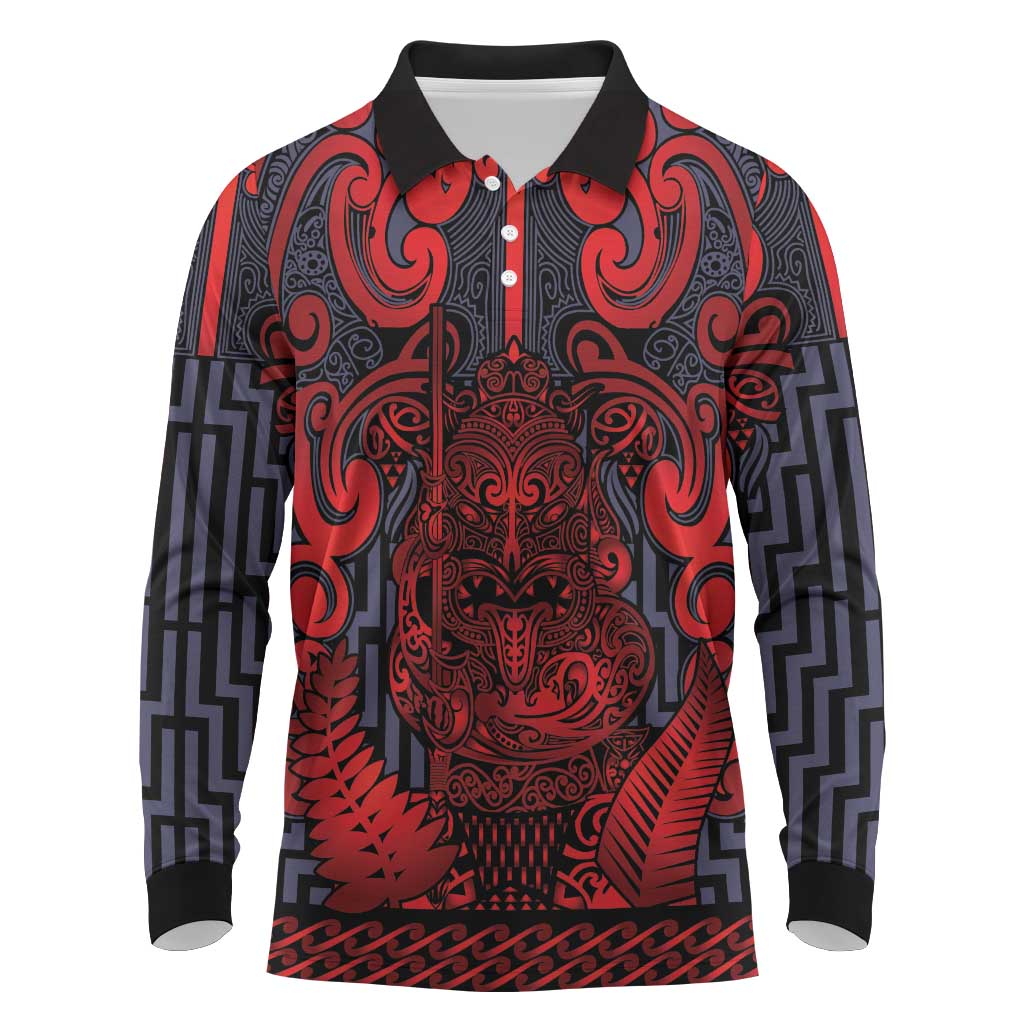 Custom New Zealand Taiaha Maori Long Sleeve Polo Shirt Whero Minimalist Silver Fern Tukutuku Motif LT9 Red - Polynesian Pride