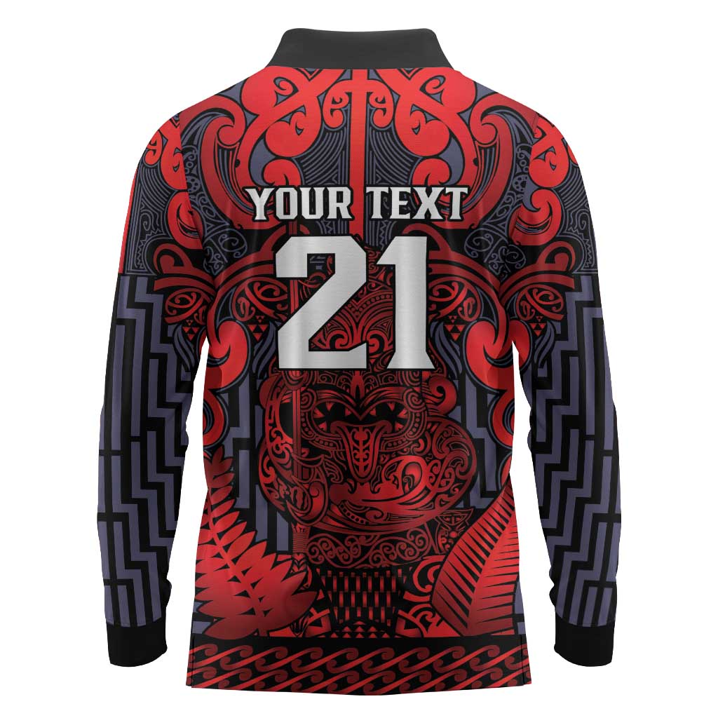 Custom New Zealand Taiaha Maori Long Sleeve Polo Shirt Whero Minimalist Silver Fern Tukutuku Motif LT9 - Polynesian Pride
