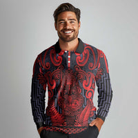 Custom New Zealand Taiaha Maori Long Sleeve Polo Shirt Whero Minimalist Silver Fern Tukutuku Motif LT9 - Polynesian Pride