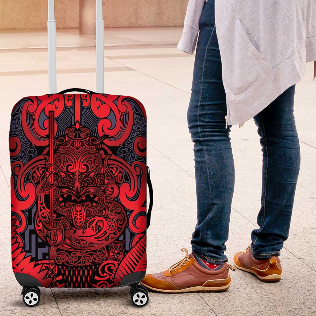 New Zealand Taiaha Maori Luggage Cover Whero Minimalist Silver Fern Tukutuku Motif LT9 Red - Polynesian Pride
