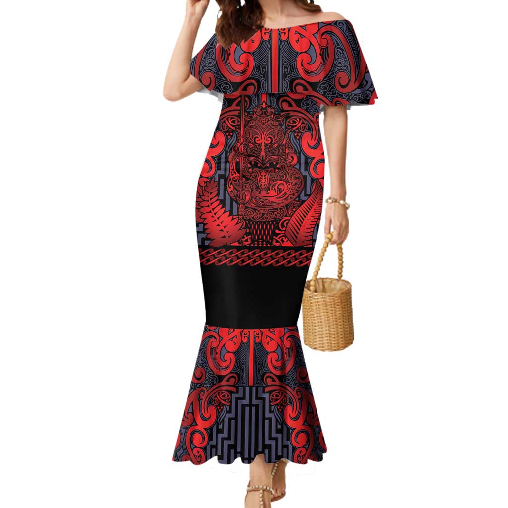 Custom New Zealand Taiaha Maori Mermaid Dress Whero Minimalist Silver Fern Tukutuku Motif LT9 Women Red - Polynesian Pride