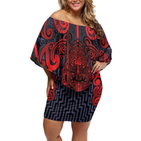 Custom New Zealand Taiaha Maori Off Shoulder Short Dress Whero Minimalist Silver Fern Tukutuku Motif LT9 Women Red - Polynesian Pride