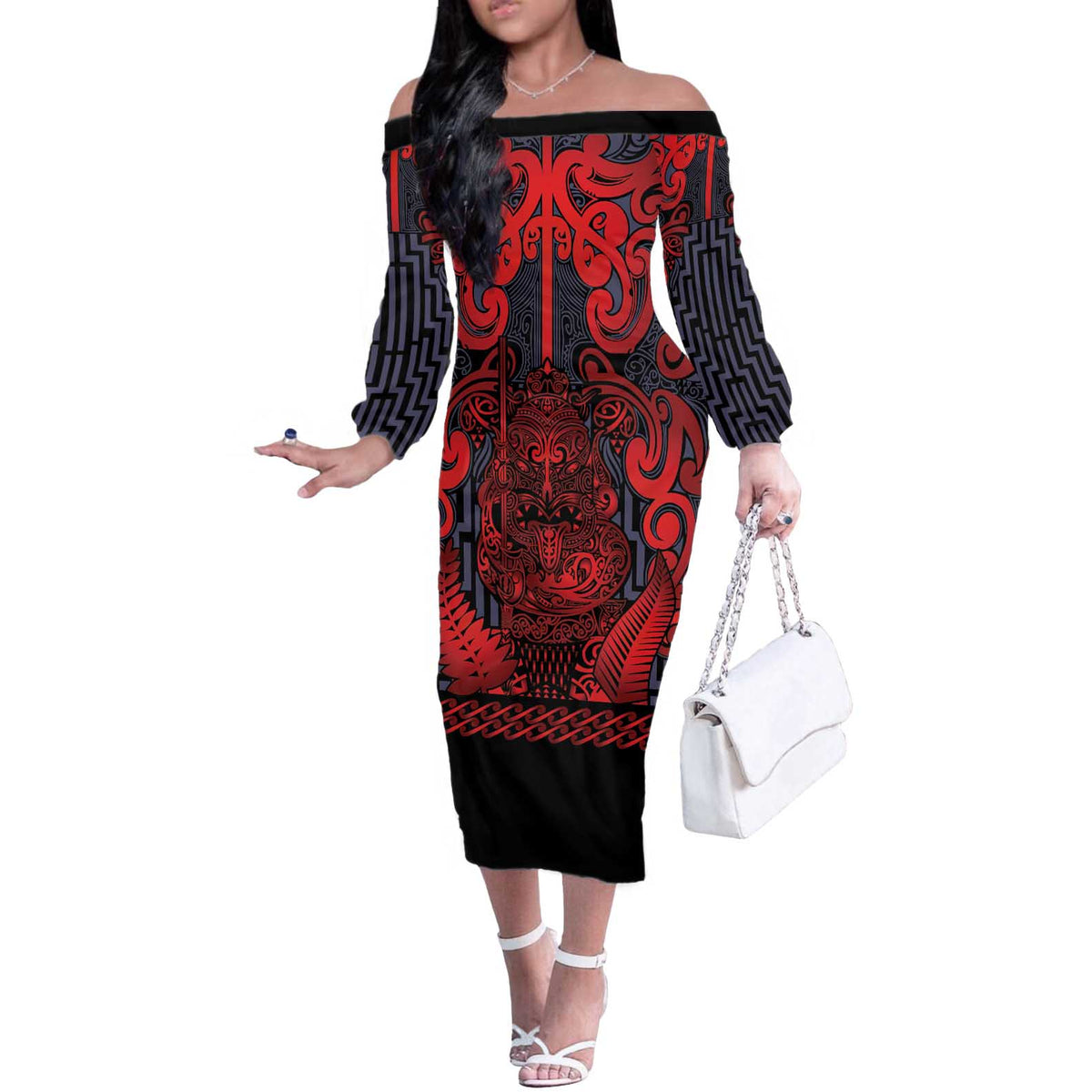 Custom New Zealand Taiaha Maori Off The Shoulder Long Sleeve Dress Whero Minimalist Silver Fern Tukutuku Motif LT9 Women Red - Polynesian Pride