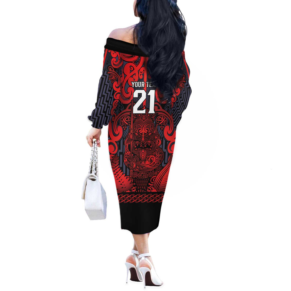 Custom New Zealand Taiaha Maori Off The Shoulder Long Sleeve Dress Whero Minimalist Silver Fern Tukutuku Motif LT9 - Polynesian Pride