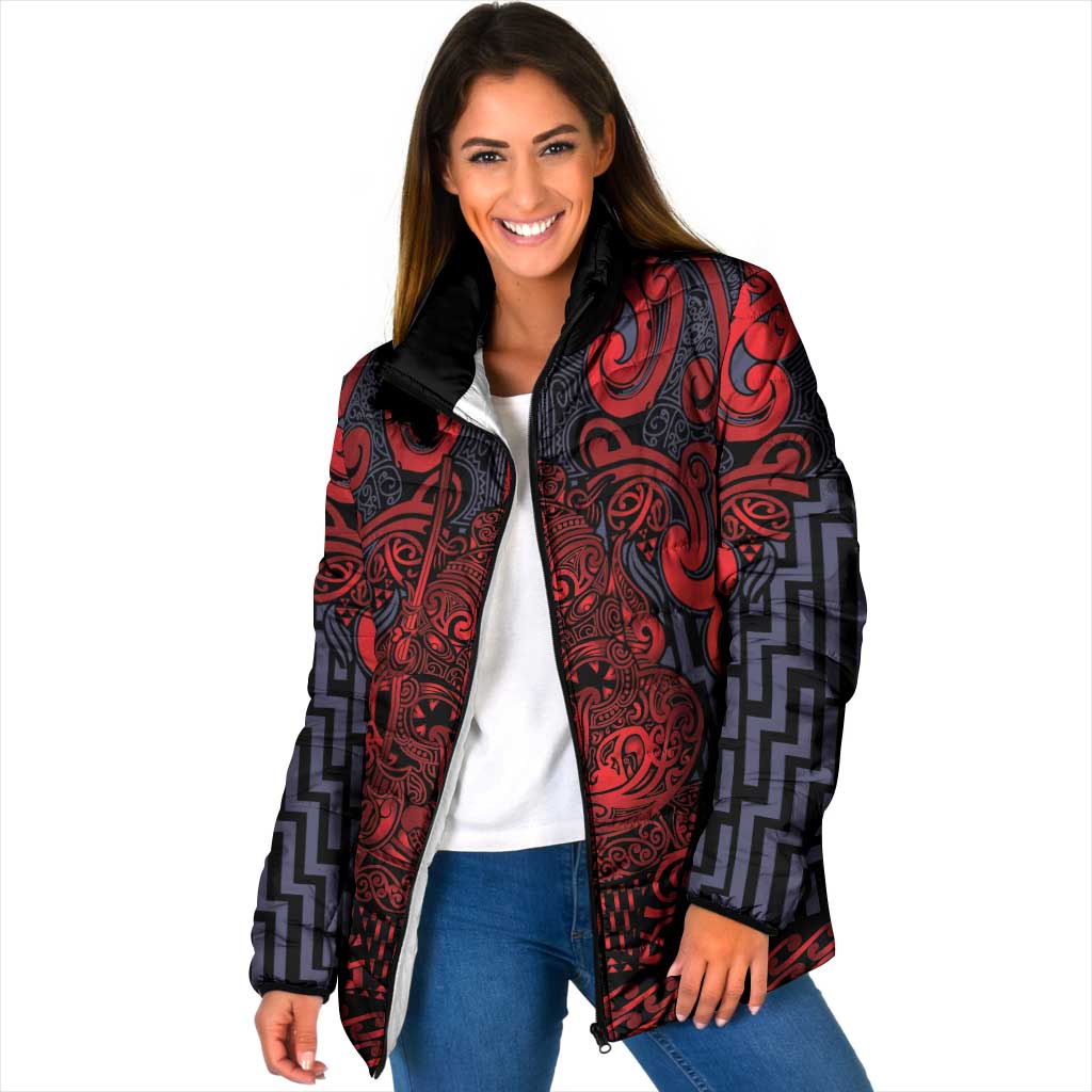 Custom New Zealand Taiaha Maori Padded Jacket Whero Minimalist Silver Fern Tukutuku Motif LT9 Women Red - Polynesian Pride