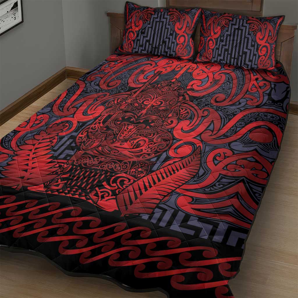 New Zealand Taiaha Maori Quilt Bed Set Whero Minimalist Silver Fern Tukutuku Motif LT9 - Polynesian Pride
