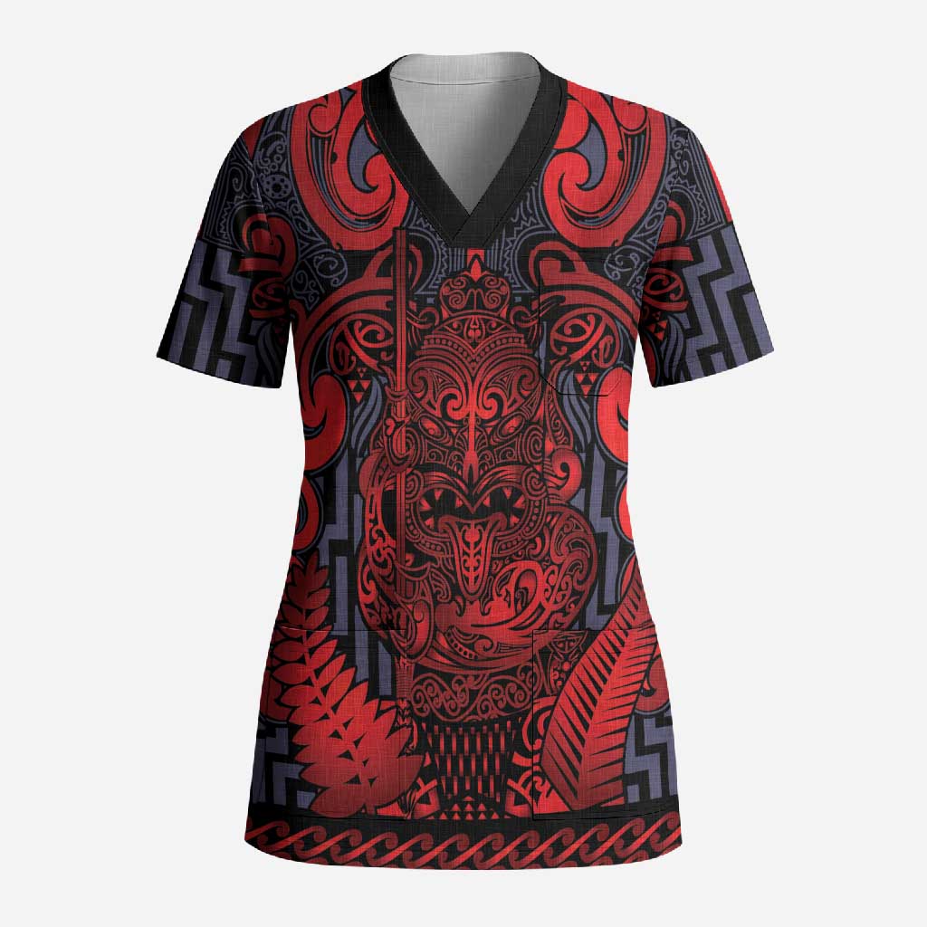 Custom New Zealand Taiaha Maori Scrub Top Whero Minimalist Silver Fern Tukutuku Motif LT9 Adult Red - Polynesian Pride
