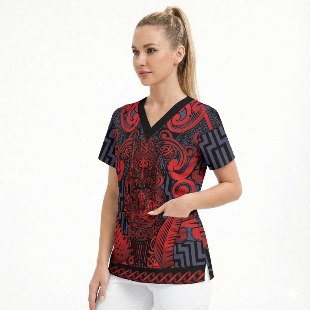 Custom New Zealand Taiaha Maori Scrub Top Whero Minimalist Silver Fern Tukutuku Motif LT9 - Polynesian Pride