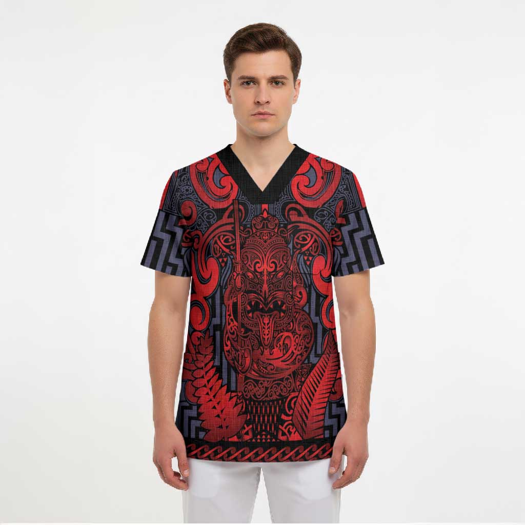 Custom New Zealand Taiaha Maori Scrub Top Whero Minimalist Silver Fern Tukutuku Motif LT9 - Polynesian Pride