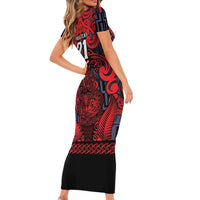 Custom New Zealand Taiaha Maori Short Sleeve Bodycon Dress Whero Minimalist Silver Fern Tukutuku Motif LT9 - Polynesian Pride