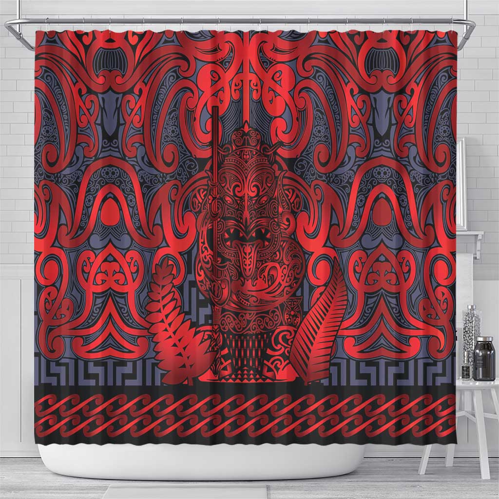 New Zealand Taiaha Maori Shower Curtain Whero Minimalist Silver Fern Tukutuku Motif LT9 - Polynesian Pride