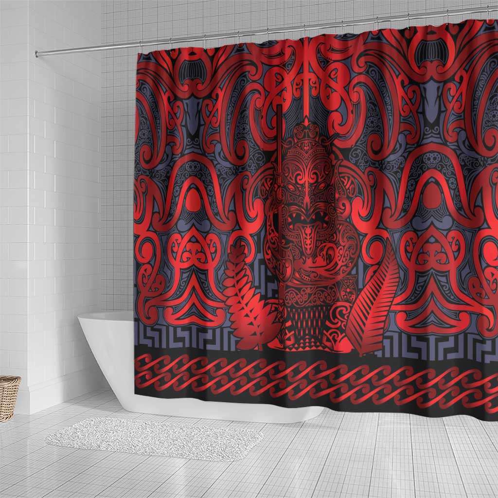 New Zealand Taiaha Maori Shower Curtain Whero Minimalist Silver Fern Tukutuku Motif LT9 - Polynesian Pride