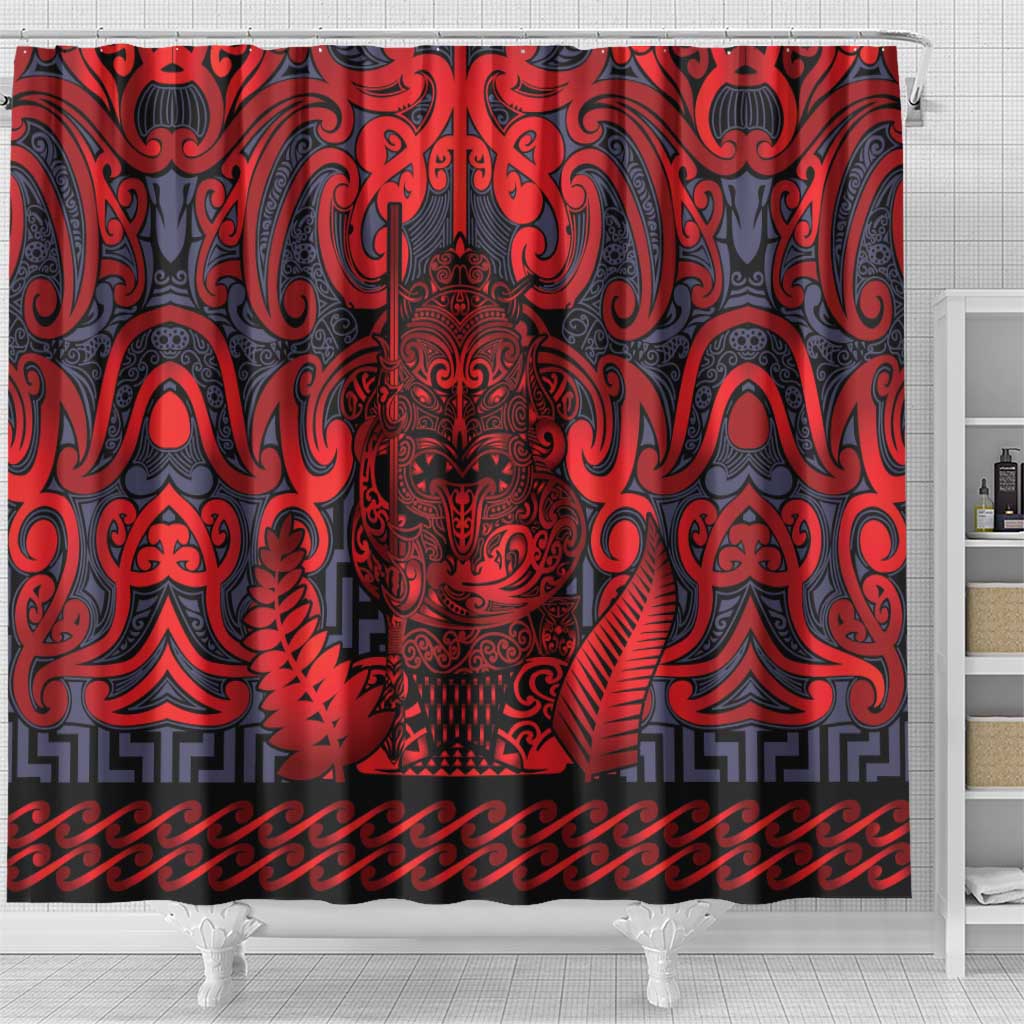 New Zealand Taiaha Maori Shower Curtain Whero Minimalist Silver Fern Tukutuku Motif LT9 - Polynesian Pride