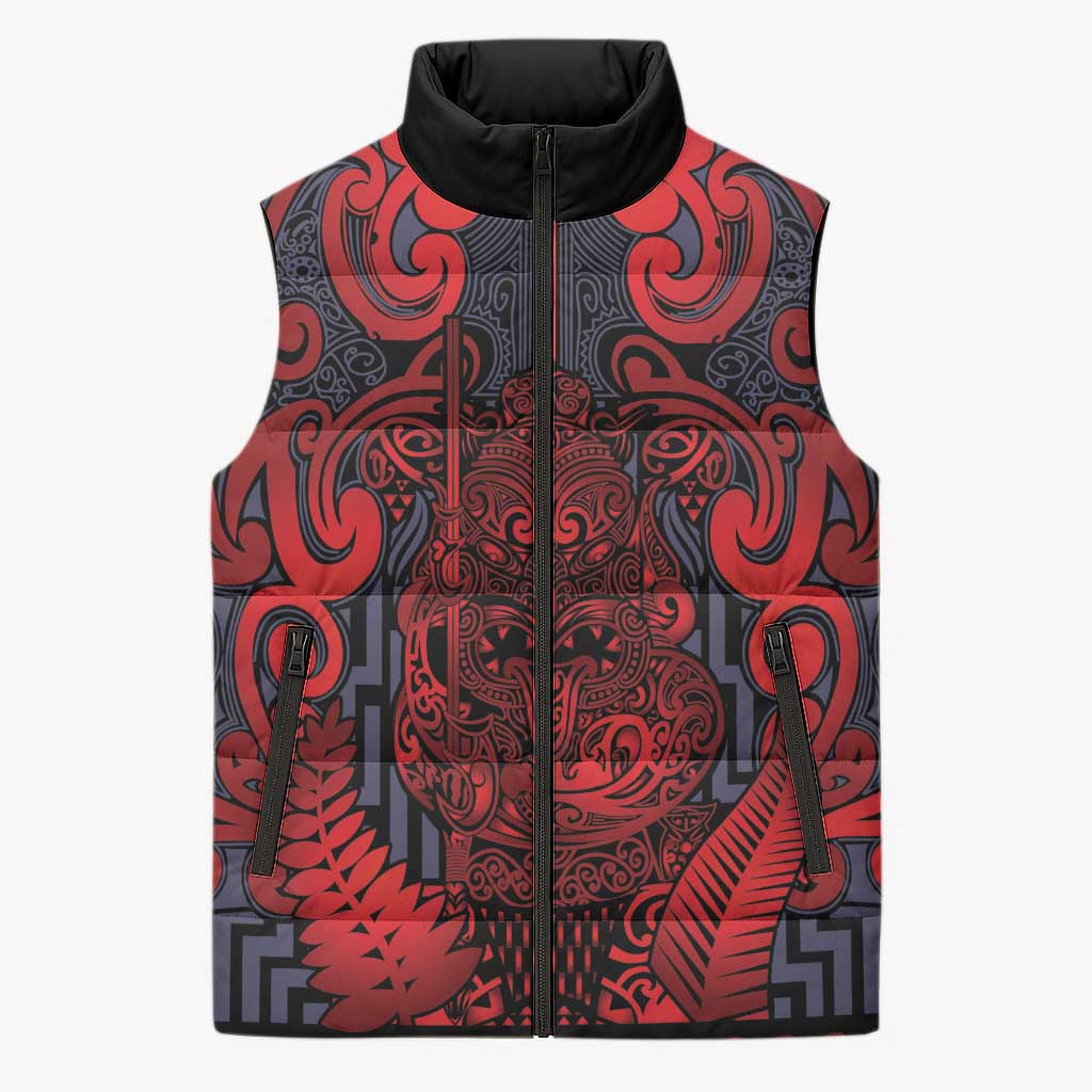 Custom New Zealand Taiaha Maori Sleeveless Puffer Jacket Whero Minimalist Silver Fern Tukutuku Motif LT9 Unisex Red - Polynesian Pride