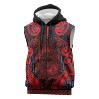 Custom New Zealand Taiaha Maori Sleeveless Zip Hoodie Whero Minimalist Silver Fern Tukutuku Motif LT9 Red - Polynesian Pride