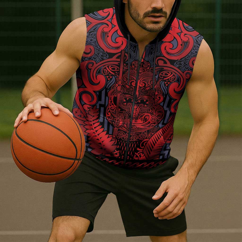 Custom New Zealand Taiaha Maori Sleeveless Zip Hoodie Whero Minimalist Silver Fern Tukutuku Motif LT9 - Polynesian Pride