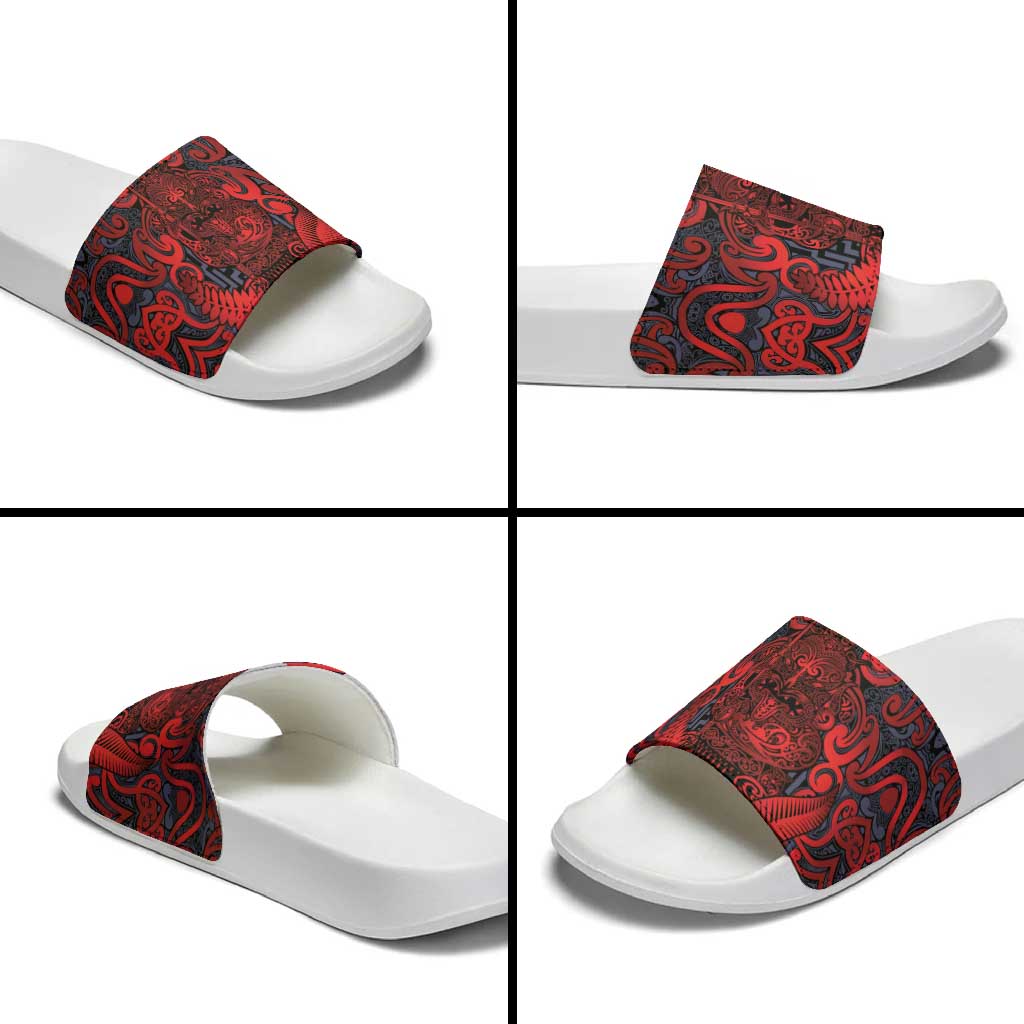 New Zealand Taiaha Maori Slide Sandals Whero Minimalist Silver Fern Tukutuku Motif LT9 - Polynesian Pride