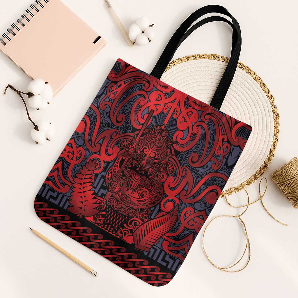 New Zealand Taiaha Maori Tote Bag Whero Minimalist Silver Fern Tukutuku Motif LT9 Black Strap One Size Red - Polynesian Pride