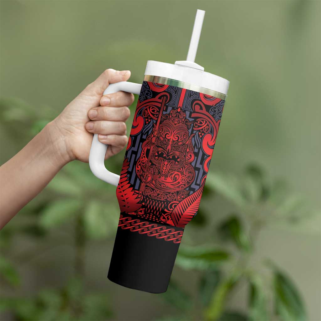 Custom New Zealand Taiaha Maori Tumbler With Handle Whero Minimalist Silver Fern Tukutuku Motif LT9 - Polynesian Pride