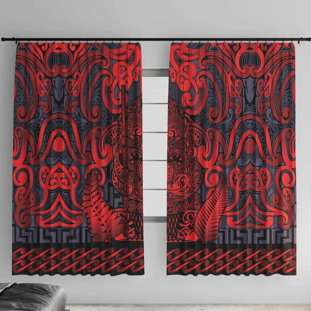 New Zealand Taiaha Maori Window Curtain Whero Minimalist Silver Fern Tukutuku Motif LT9 With Hooks Red - Polynesian Pride