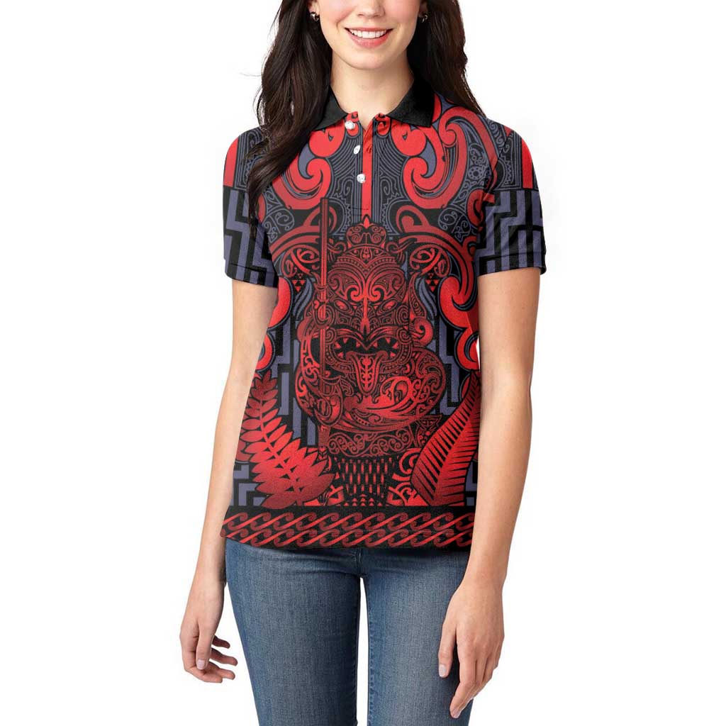 Custom New Zealand Taiaha Maori Women Polo Shirt Whero Minimalist Silver Fern Tukutuku Motif LT9 - Polynesian Pride