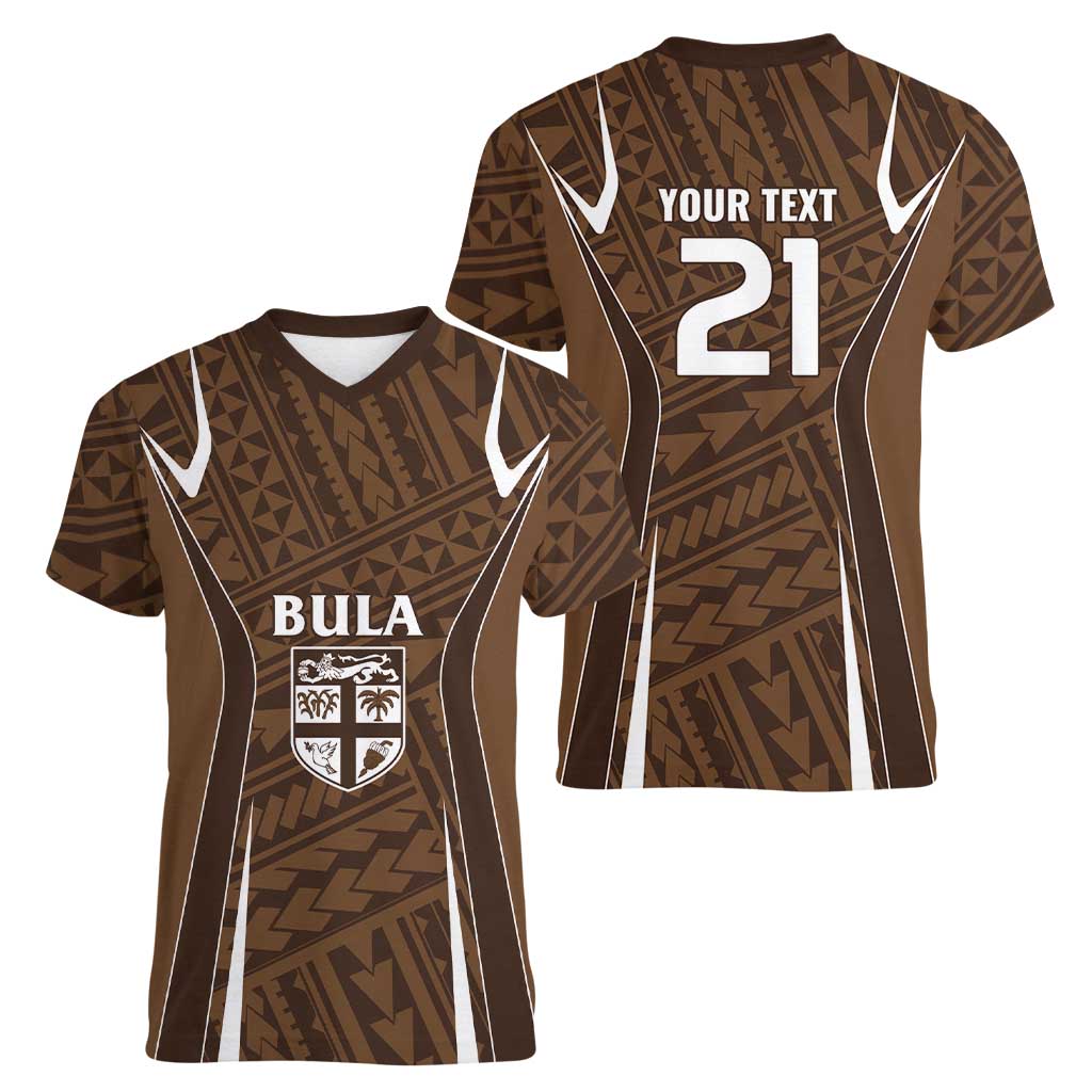Custom Oceania Football Bula Fiji Women V-Neck T-Shirt Polynesian Tribal Pattern