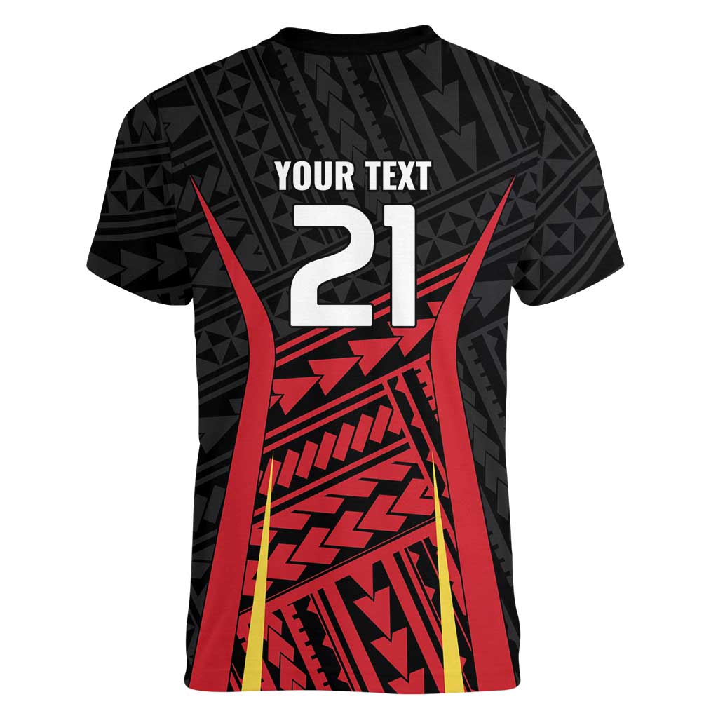 Custom Oceania Football Papua New Guinea Women V-Neck T-Shirt Polynesian Tribal Pattern