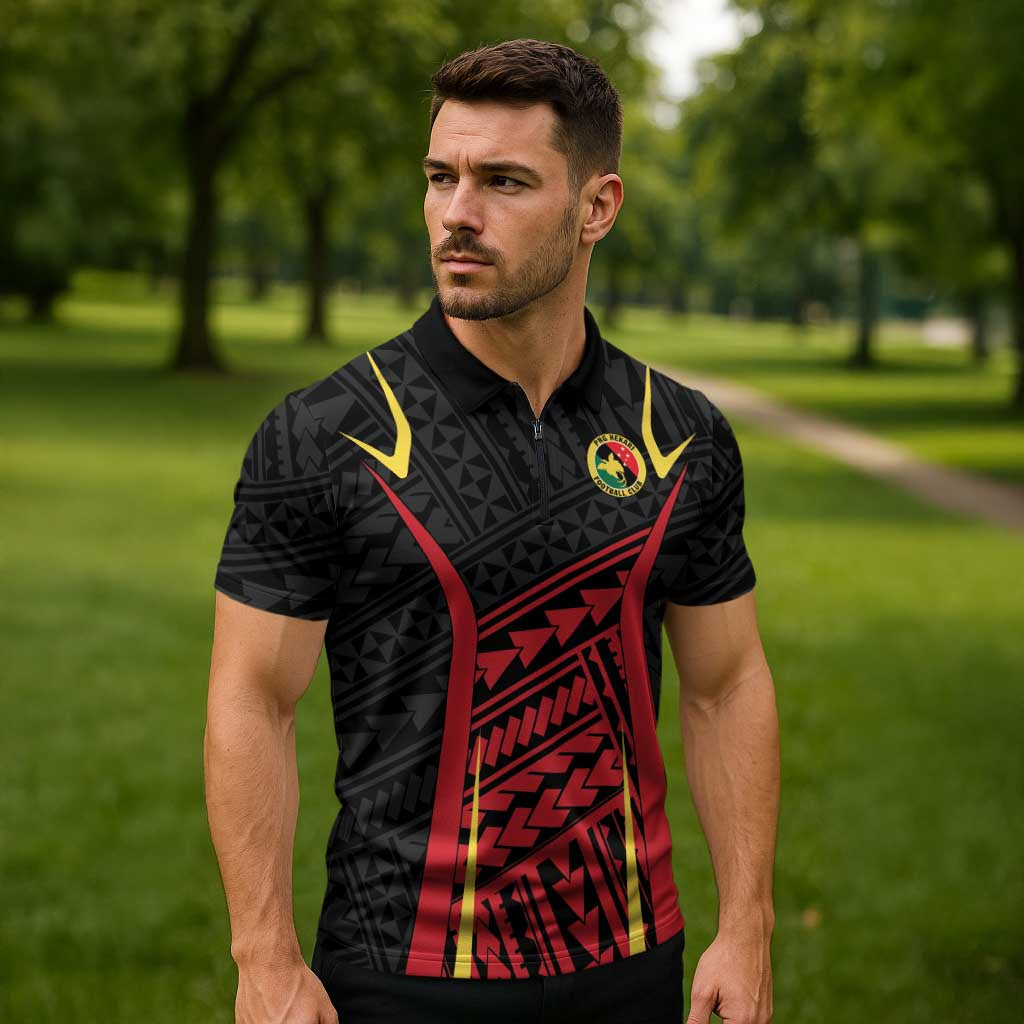 Custom Oceania Football Papua New Guinea Zipper Polo Shirt Polynesian Tribal Pattern