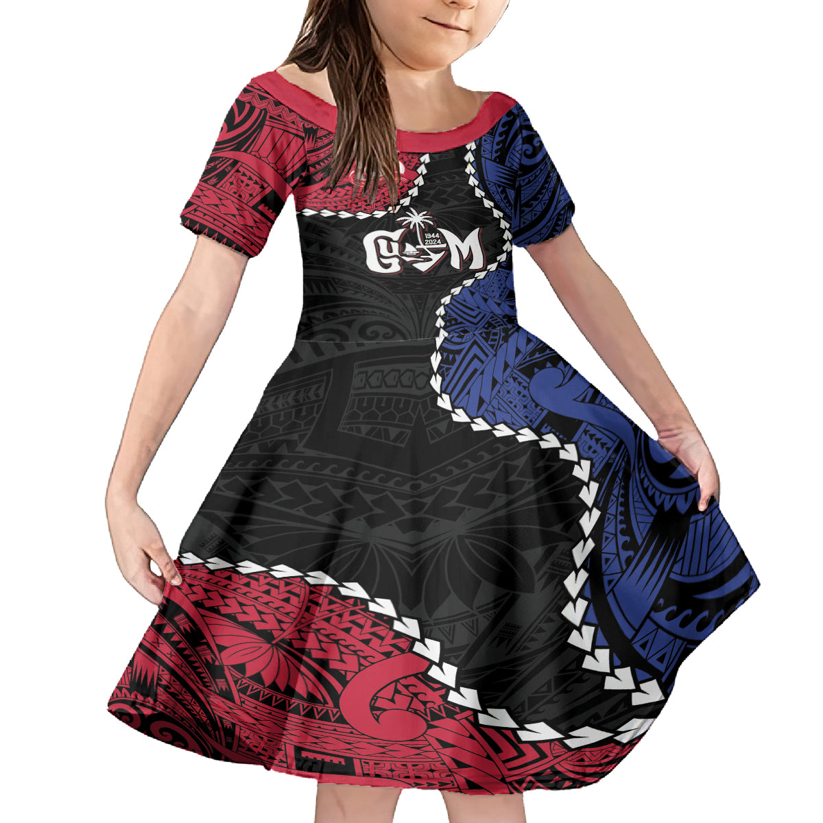 Personalized Guam 80th Anniversary Liberation Day Family Matching Off The Shoulder Long Sleeve Dress and Hawaiian Shirt Tano I Man Chamoru Since 1944 LT9 Daughter's Dress Black - Polynesian Pride
