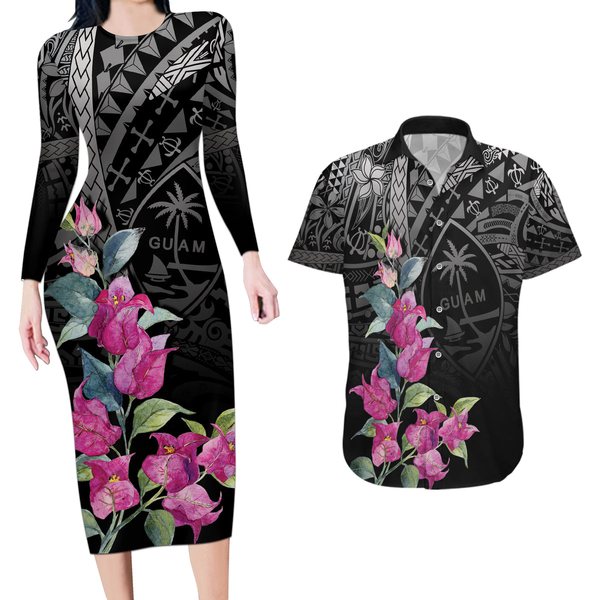 Guahan Puti Tai Nobiu Couples Matching Long Sleeve Bodycon Dress and Hawaiian Shirt Guam Bougainvillea Flower Art LT9 Black - Polynesian Pride