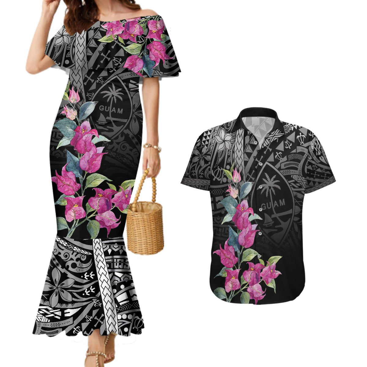 Guahan Puti Tai Nobiu Couples Matching Mermaid Dress and Hawaiian Shirt Guam Bougainvillea Flower Art LT9 Black - Polynesian Pride