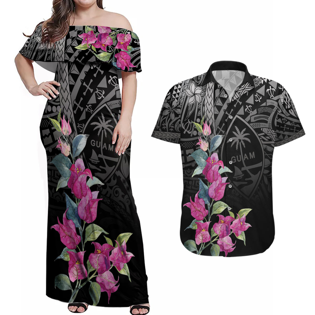 Guahan Puti Tai Nobiu Couples Matching Off Shoulder Maxi Dress and Hawaiian Shirt Guam Bougainvillea Flower Art LT9 Black - Polynesian Pride
