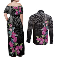 Guahan Puti Tai Nobiu Couples Matching Off Shoulder Maxi Dress and Long Sleeve Button Shirt Guam Bougainvillea Flower Art LT9 - Polynesian Pride