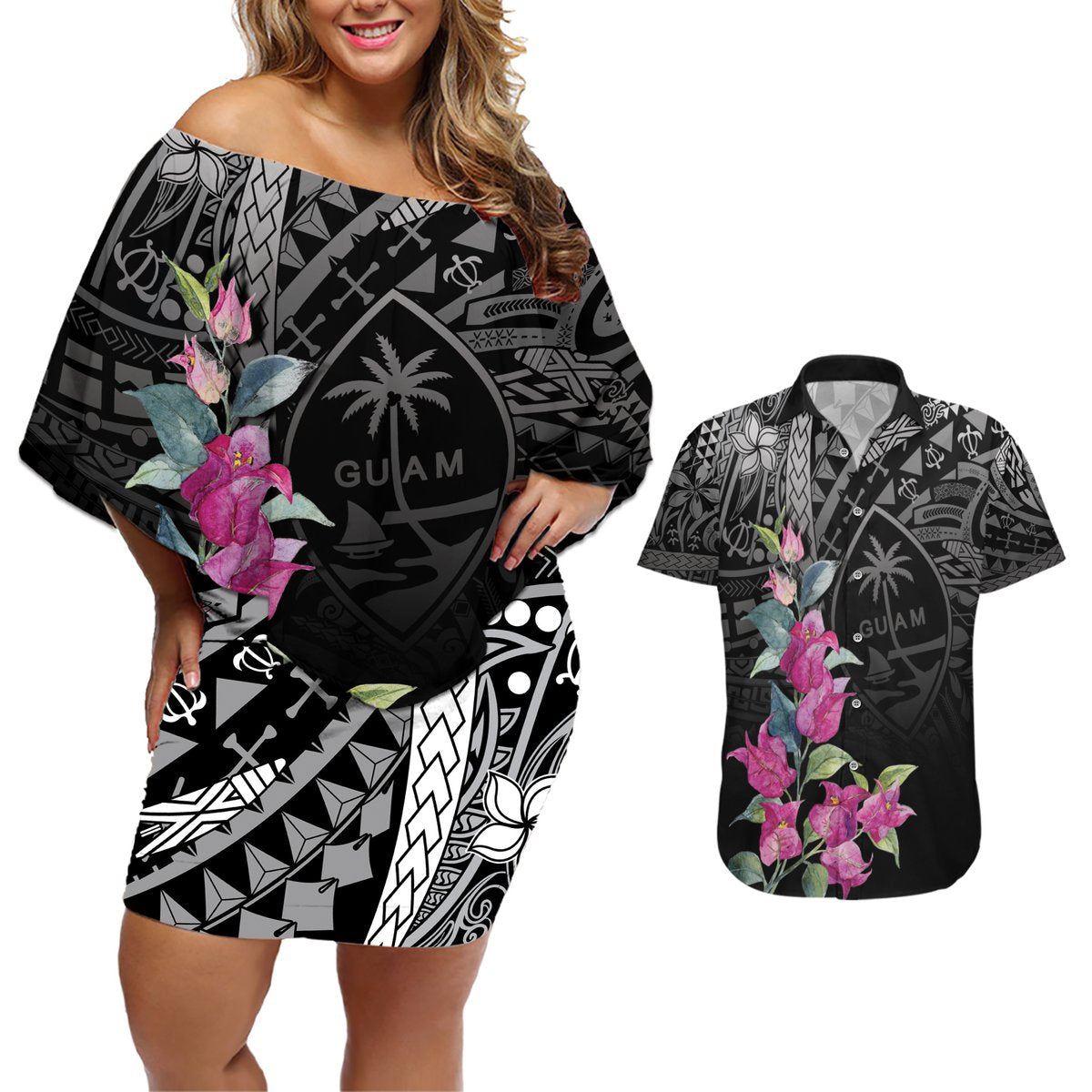 Guahan Puti Tai Nobiu Couples Matching Off Shoulder Short Dress and Hawaiian Shirt Guam Bougainvillea Flower Art LT9 Black - Polynesian Pride