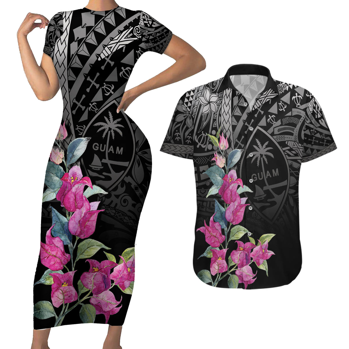 Guahan Puti Tai Nobiu Couples Matching Short Sleeve Bodycon Dress and Hawaiian Shirt Guam Bougainvillea Flower Art LT9 Black - Polynesian Pride
